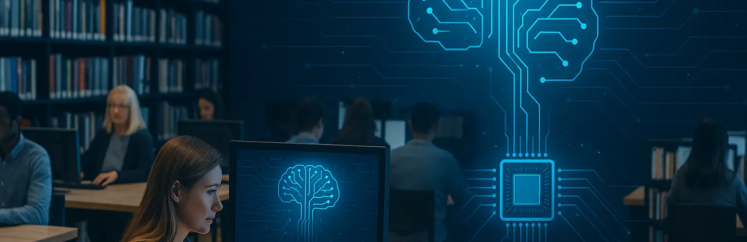 Image in a library with books in the background, people at desks with computers and a schematic of a computer processor linked to nodes in a brain shaped object representing the ability of technology to search full libraries