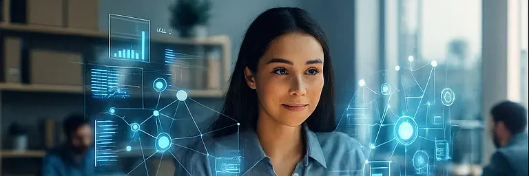 Image of people in an office with computer screens showing, and abstract networks with nodes and edges symbolising neural networks and AI in the office