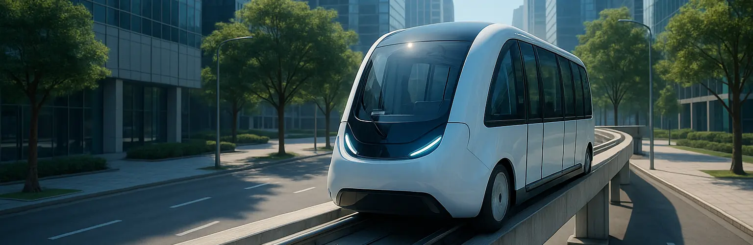 Image of an autonomous pod on a guideway in a city centre with green trees and buildings
