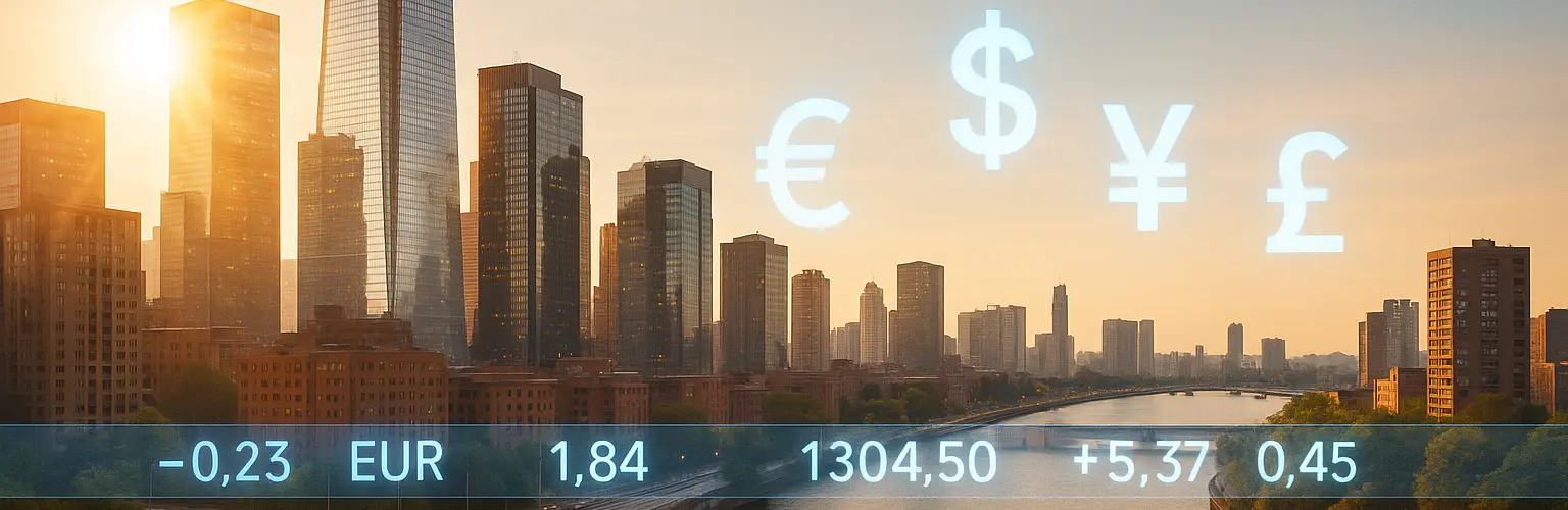 Image of a modern city straddling a river with currency symbols in the background and a tickertape representing a financial centre