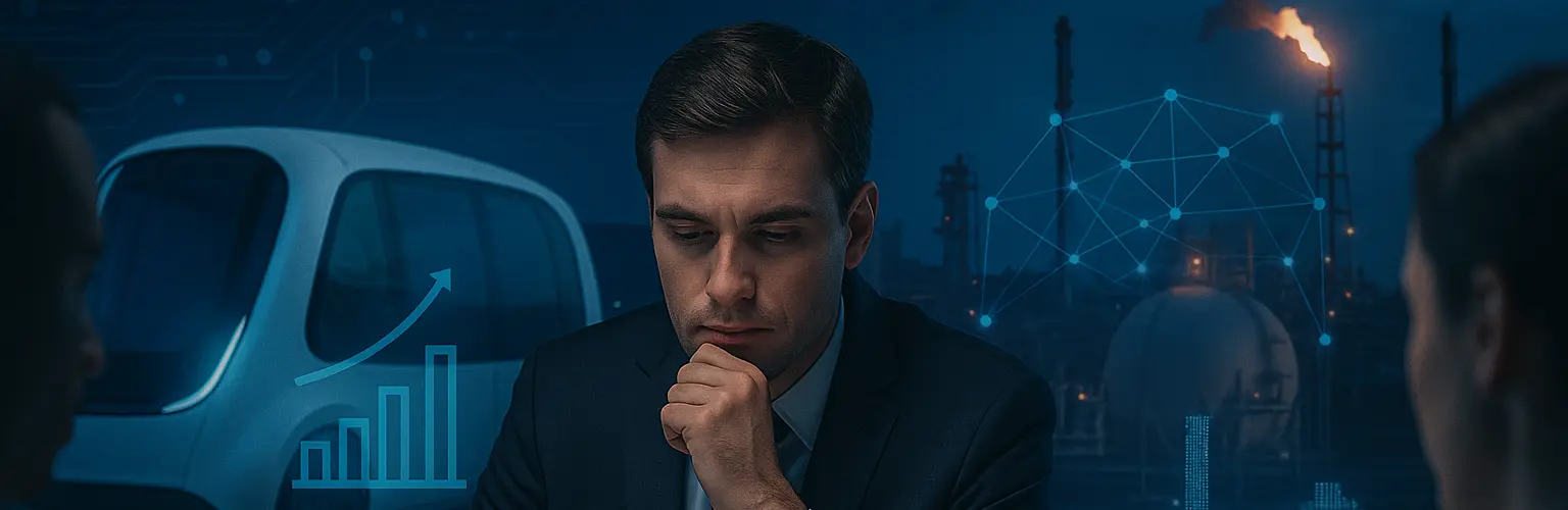 Picture of a person thinking and in the background energy infrastructure and autonomous vehicles showing the concept of strategy taking thought into action and implementation