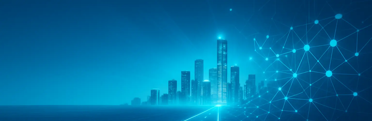 A glowing picture of a road leading to a modern city with abstract networks in the background showing Chescor Capital's track record of technology driven results